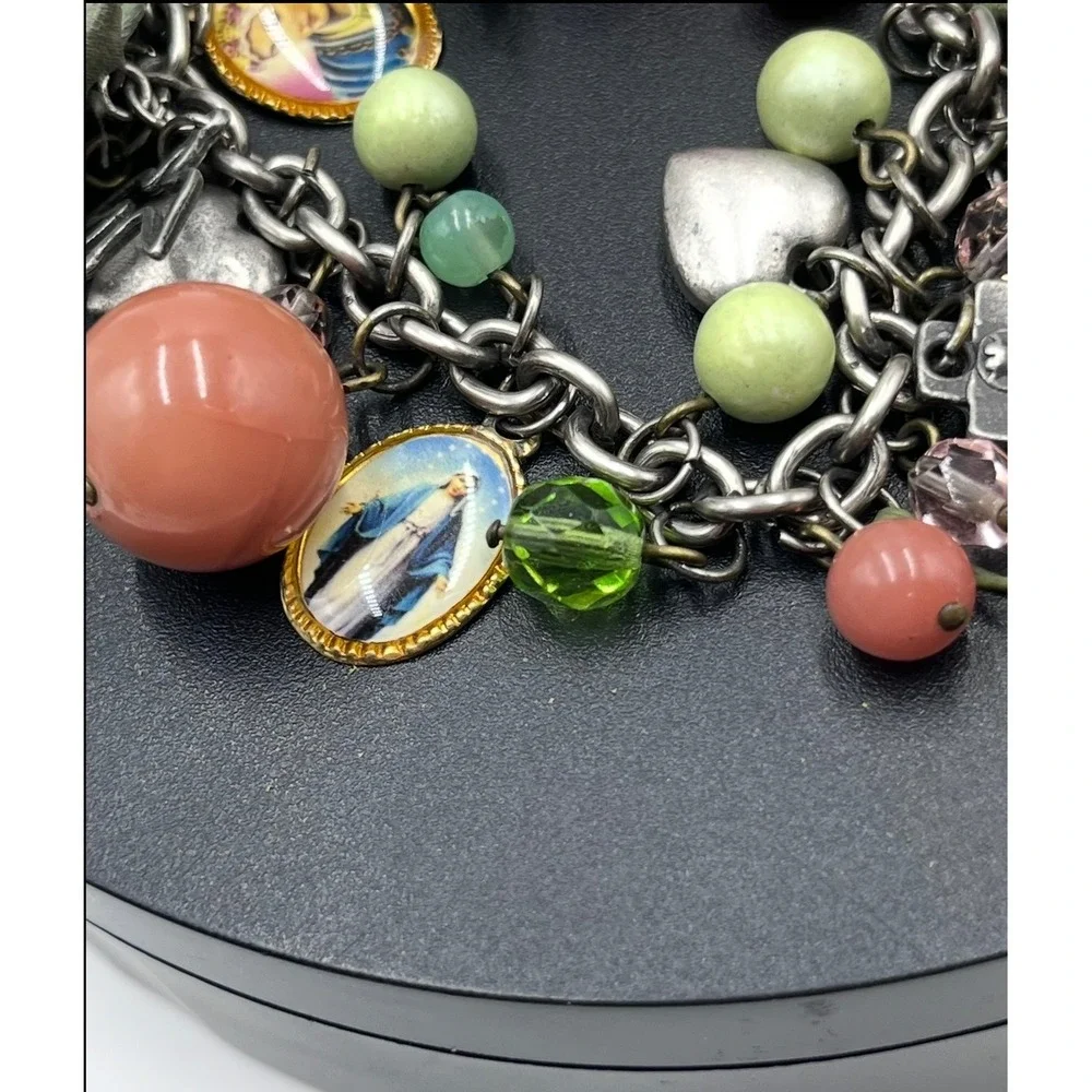 Rasa Signed Peach Green Beaded Pink Rose Religious Themed Charm Dangle‎ Bracelet